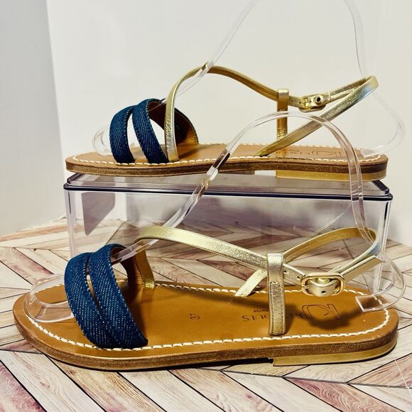 K Jacques Shoes - K Jacques Edmee Flat Leather Women's 37 Sandal Denim Blue Gold Lame St Tropez